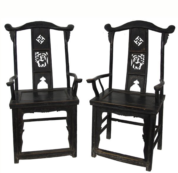 Pair of Antique Chinese Armchair with Carved Back 1 - Dyag East