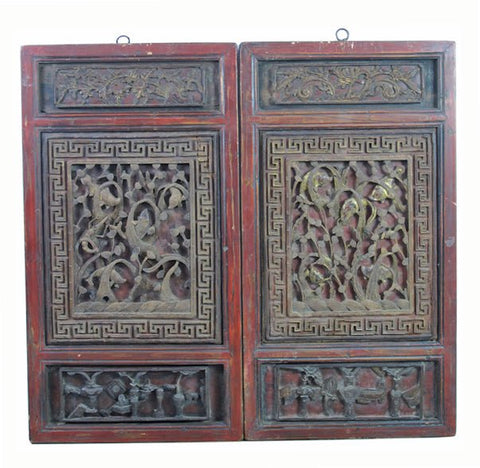 Pair of Hand Carved Antique Chinese Wall Hanging Panel - Dyag East