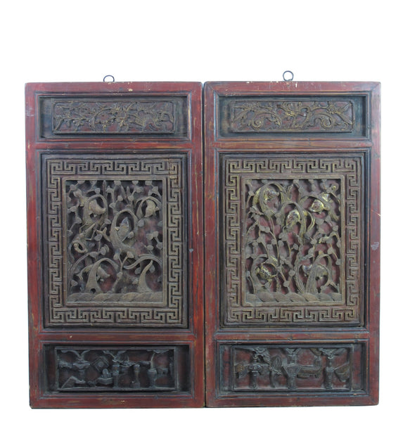 Pair of Hand Carved Antique Chinese Wall Hanging Panel - Dyag East