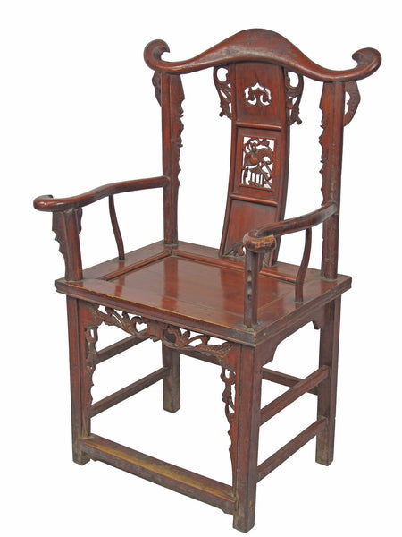 Red Antique Chinese Armchair with Elaborate Carving - Dyag East