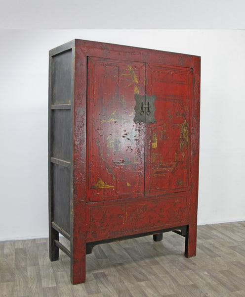 Red Antique Chinese Chinoiserie Style Cabinet - Dyag East