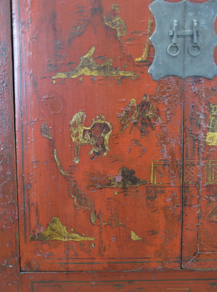 Red Antique Chinese Chinoiserie Style Cabinet - Dyag East