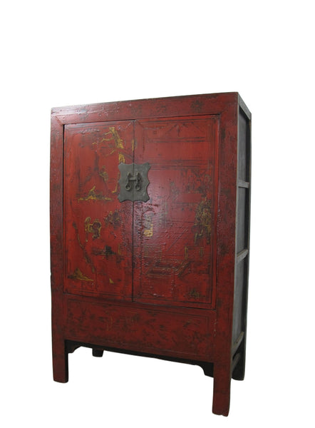 Red Antique Chinese Chinoiserie Style Cabinet - Dyag East