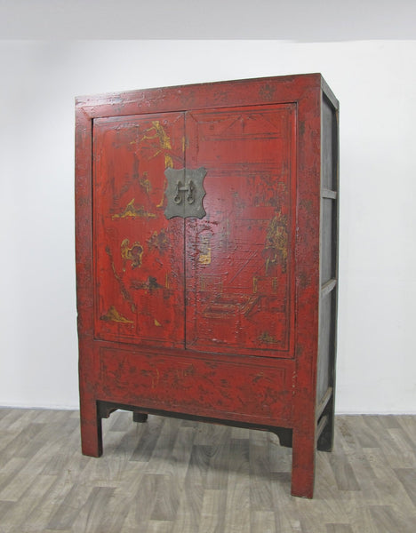 Red Antique Chinese Chinoiserie Style Cabinet - Dyag East