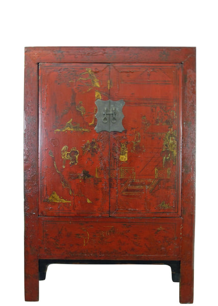 Red Antique Chinese Chinoiserie Style Cabinet - Dyag East