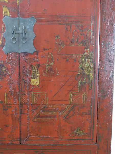 Red Antique Chinese Chinoiserie Style Cabinet - Dyag East