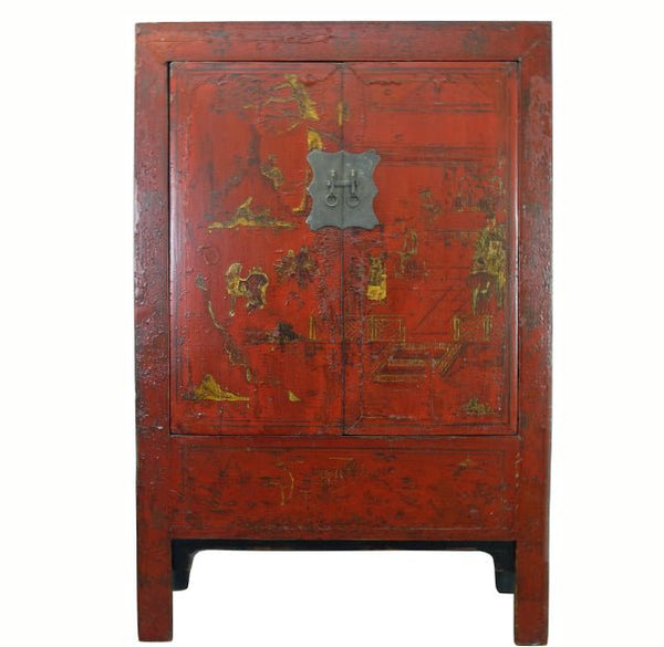 Red Antique Chinese Chinoiserie Style Cabinet - Dyag East