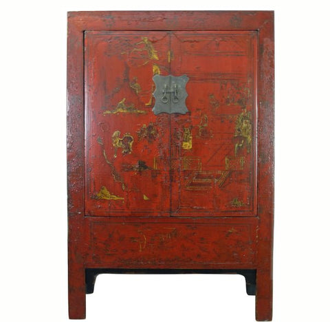 Red Antique Chinese Chinoiserie Style Cabinet - Dyag East