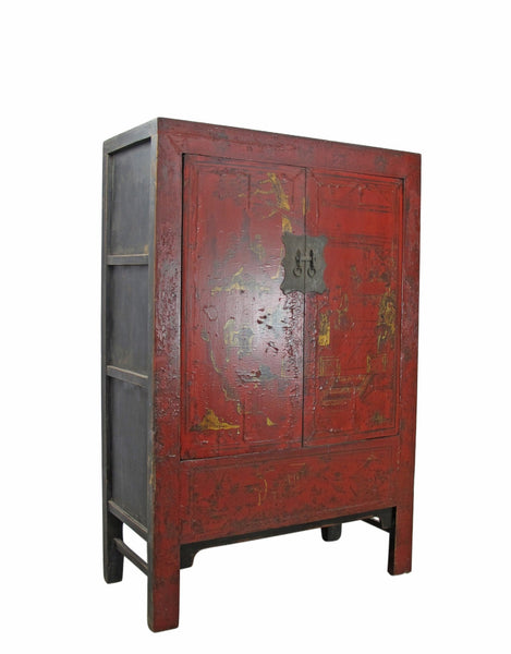 Red Antique Chinese Chinoiserie Style Cabinet - Dyag East