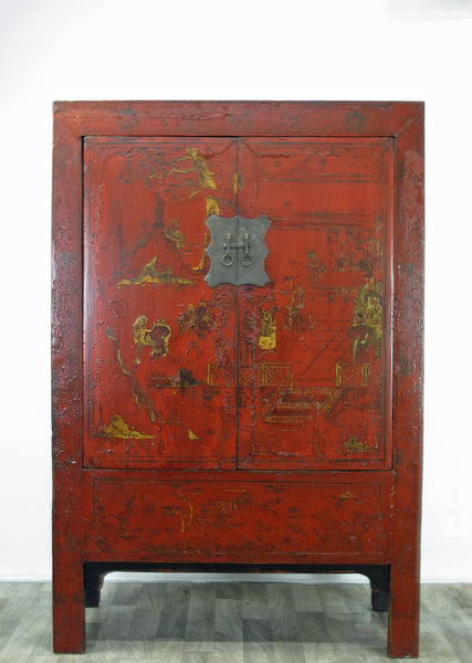 Red Antique Chinese Chinoiserie Style Cabinet - Dyag East