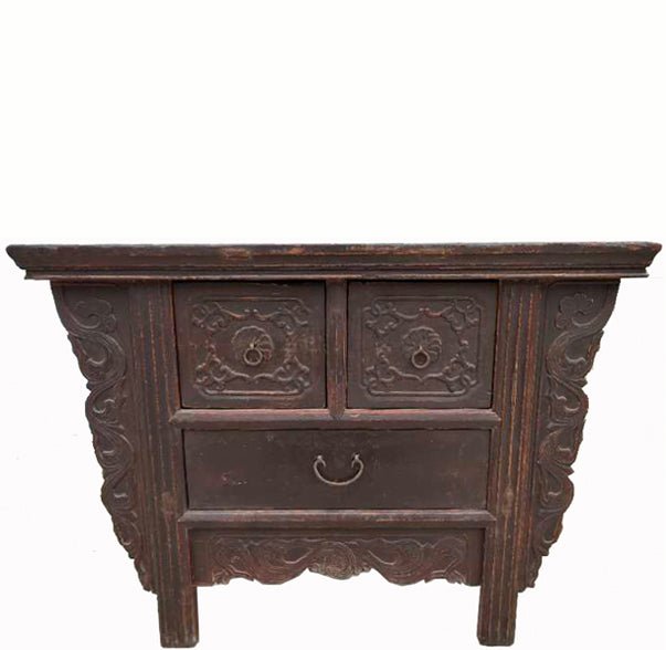 Reddish Brown Antique Chinese 3 Drawers Table - Dyag East