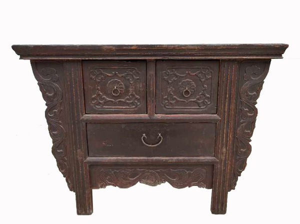 Reddish Brown Antique Chinese 3 Drawers Table - Dyag East
