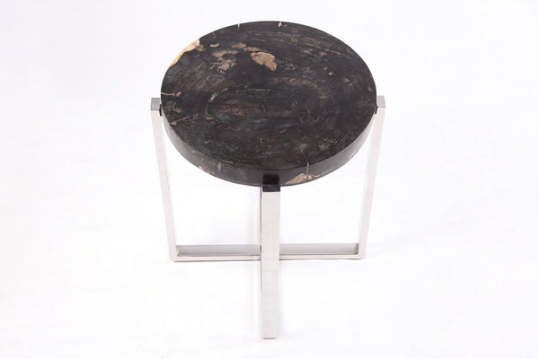 Round Petrified Wood Top w Stainless Steel Stand Accent Table or Side Table 65 - Dyag East
