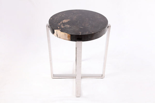Round Petrified Wood Top w Stainless Steel Stand Accent Table or Side Table 65 - Dyag East