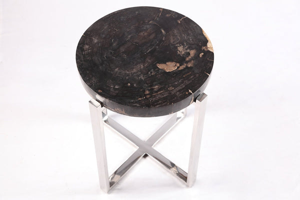 Round Petrified Wood Top w Stainless Steel Stand Accent Table or Side Table 65 - Dyag East