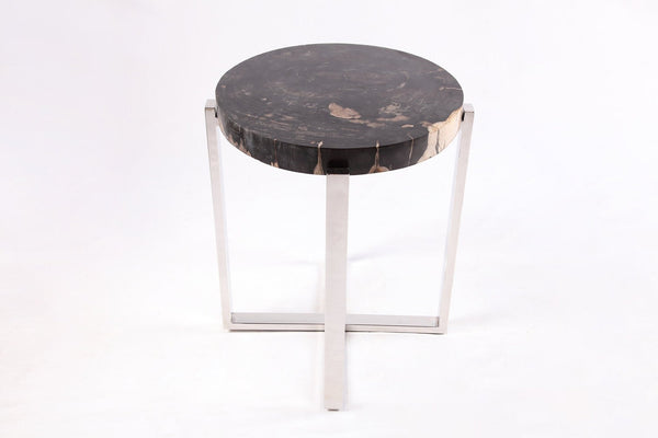 Round Petrified Wood Top w Stainless Steel Stand Accent Table or Side Table 65 - Dyag East
