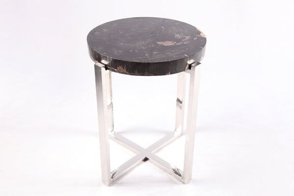 Round Petrified Wood Top w Stainless Steel Stand Accent Table or Side Table 65 - Dyag East
