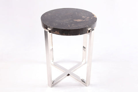Round Petrified Wood Top w Stainless Steel Stand Accent Table or Side Table 65 - Dyag East