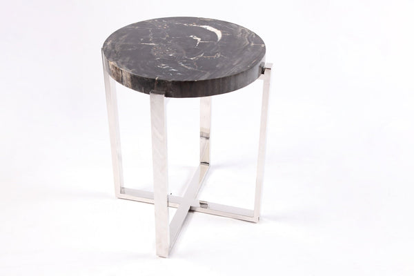Round Petrified Wood Top w Stainless Steel Stand Accent Table or Side Table 71 - Dyag East