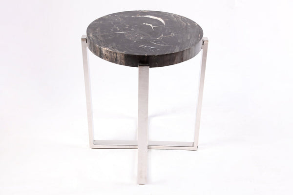 Round Petrified Wood Top w Stainless Steel Stand Accent Table or Side Table 71 - Dyag East