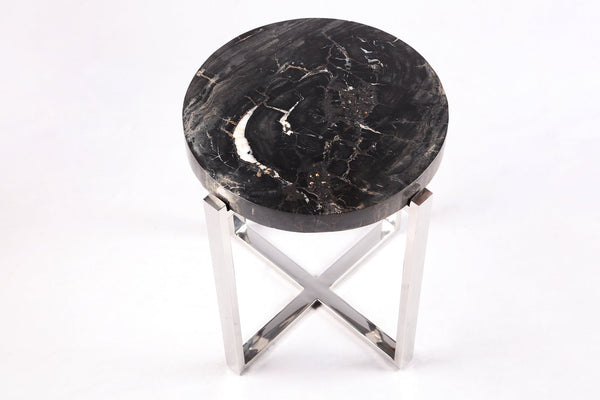 Round Petrified Wood Top w Stainless Steel Stand Accent Table or Side Table 71 - Dyag East