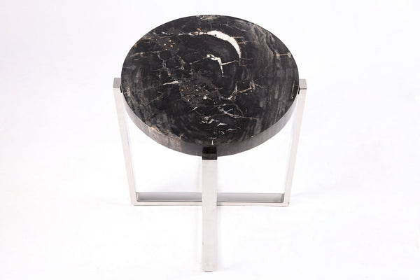 Round Petrified Wood Top w Stainless Steel Stand Accent Table or Side Table 71 - Dyag East