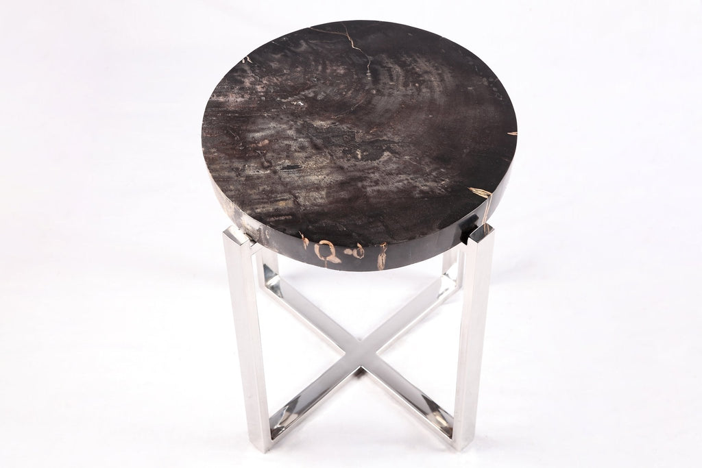 Round Petrified Wood Top w Stainless Steel Stand Accent Table or Side Table 72 - Dyag East