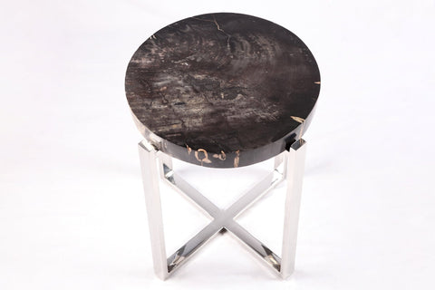 Round Petrified Wood Top w Stainless Steel Stand Accent Table or Side Table 72 - Dyag East