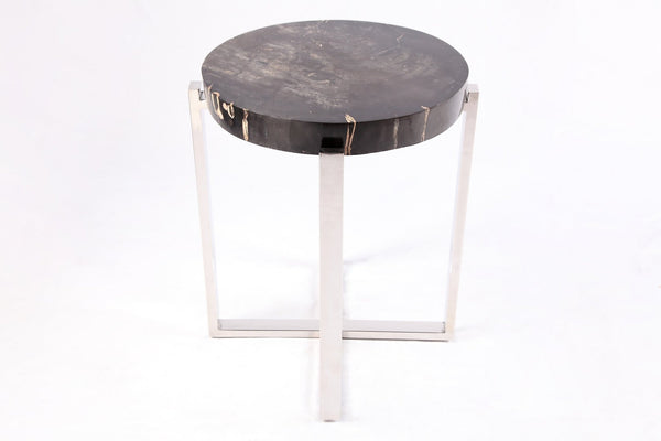 Round Petrified Wood Top w Stainless Steel Stand Accent Table or Side Table 72 - Dyag East