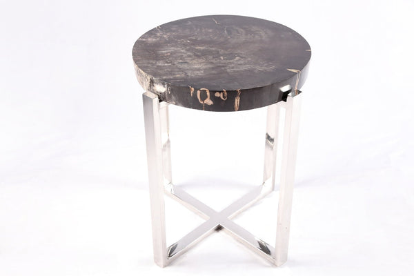 Round Petrified Wood Top w Stainless Steel Stand Accent Table or Side Table 72 - Dyag East
