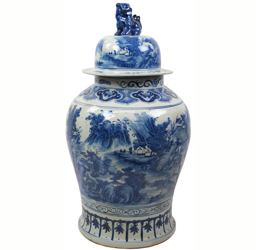 35 Inch Tall Grand Blue & White Porcelain Ginger Jar With Foo Dog Lid