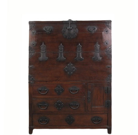 Two Part Dark Brown Antique Korean Cabinet Chest - Dyag East