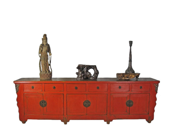 Z - 9 Feet Long Red Antique Chinese Buffet Sideboard Cabinet - Dyag East