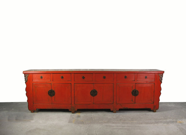 Z - 9 Feet Long Red Antique Chinese Buffet Sideboard Cabinet - Dyag East