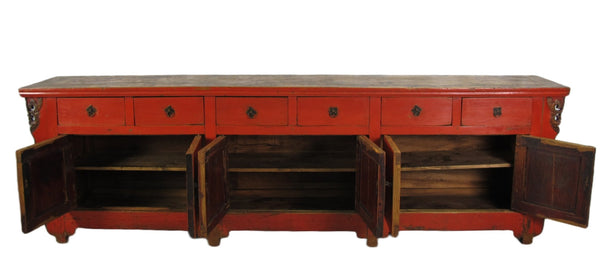 Z - 9 Feet Long Red Antique Chinese Buffet Sideboard Cabinet - Dyag East