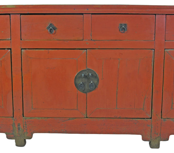 Z - 9 Feet Long Red Antique Chinese Buffet Sideboard Cabinet - Dyag East