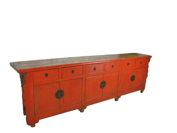 Z - 9 Feet Long Red Antique Chinese Buffet Sideboard Cabinet - Dyag East
