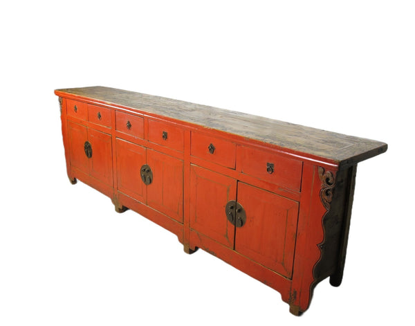 Z - 9 Feet Long Red Antique Chinese Buffet Sideboard Cabinet - Dyag East