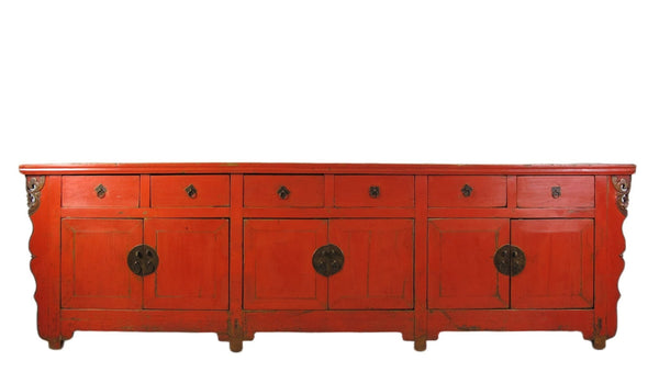 Z - 9 Feet Long Red Antique Chinese Buffet Sideboard Cabinet - Dyag East